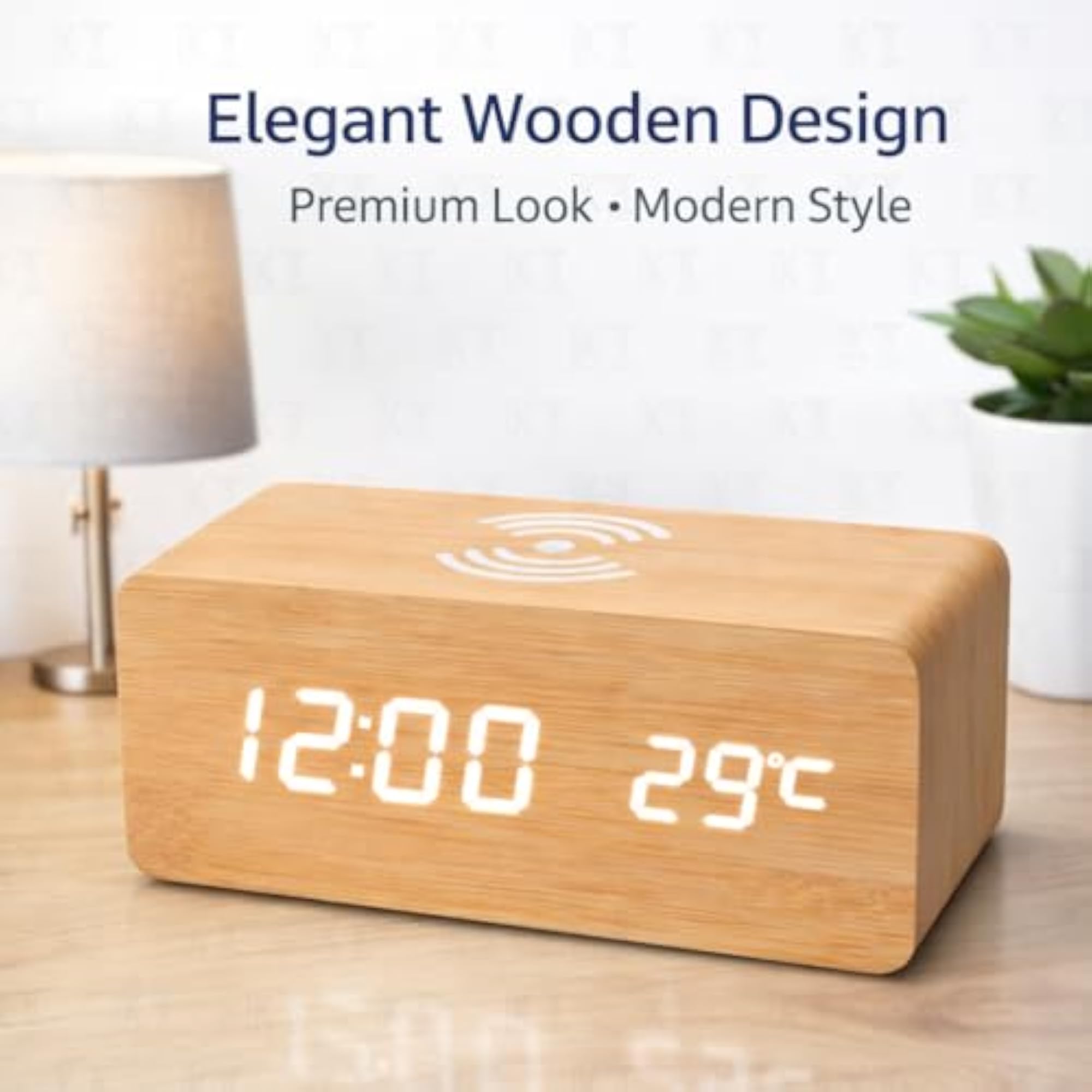 Premium Wooden LED Digital Alarm Clock with Wireless Charging